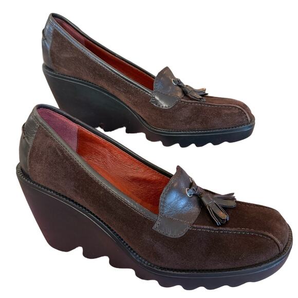 Donald Pliner‎ Chocolate Brown Suede Wedge Loafers 9 Italy preppy Goth Academia - Picture 2 of 8